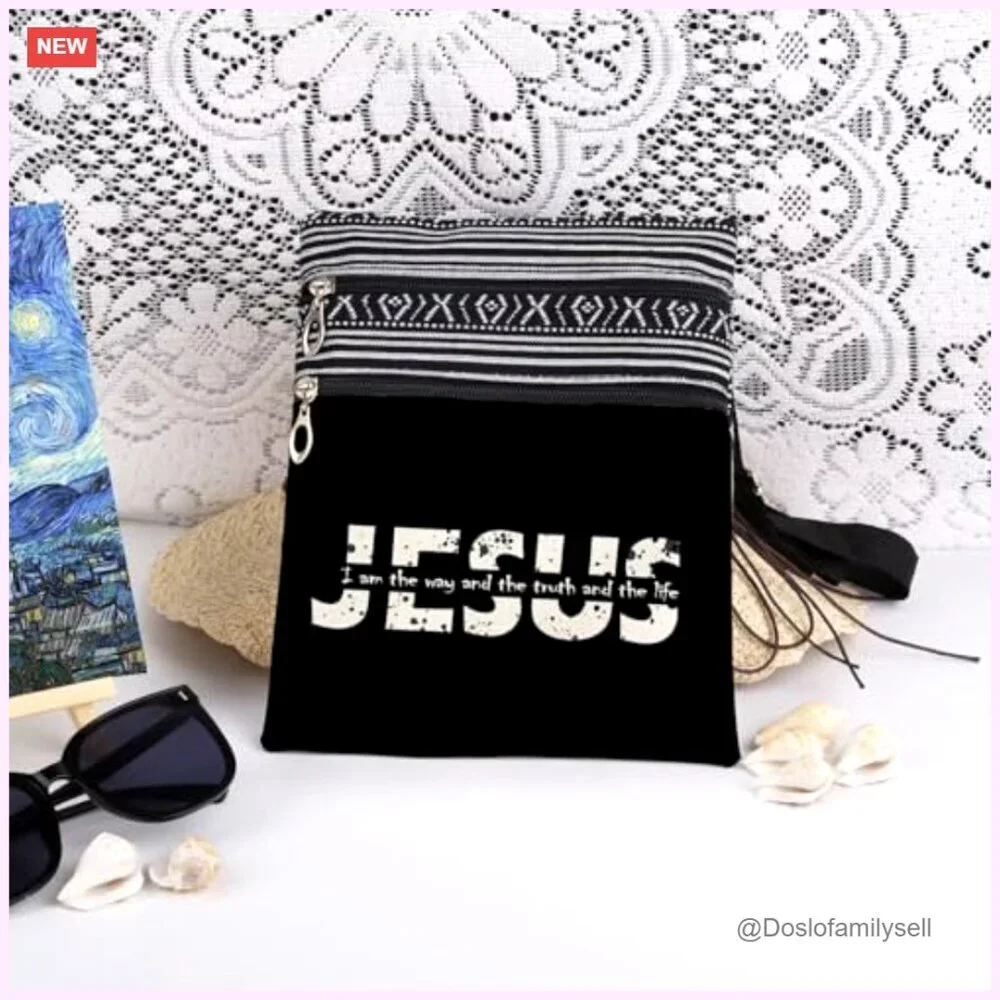 Jesus Scripture Letter Print Crossbody Bag Adjustable Strap Polyester Fiber